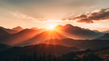 mountain landscape with a beautiful sunset. Generative AI