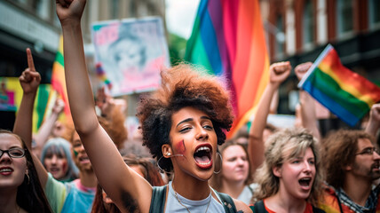 Fototapeta premium group of people with LGBT rainbow parade. Generative AI