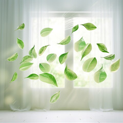 Green Floating Leaves. Flying and Dancing Leaves. Generative AI
