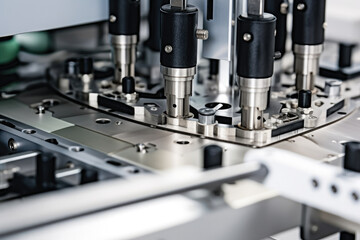 Extremely close-up of a labeling machine's labeling accuracy, showing tiny details of labels being applied with accuracy to a product's surface