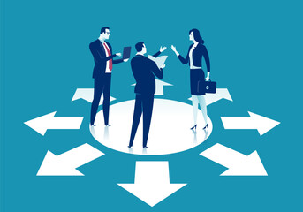 Finding direction. Business dilemma. The team discusses the right direction. Concept vector illustration.