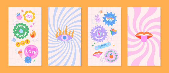Vector insta story templates with patches and stickers in 90s style.Smm banners in y2k aesthetic with spiral backgrounds.Funky designs for social media marketing,branding,packaging