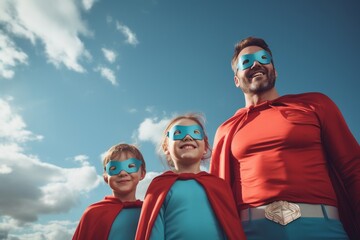 Dad with sons and daughter in superhero costume