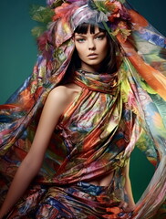 female model wearing an elaborate scarf, colorful outfit, fashion story - AI Generated