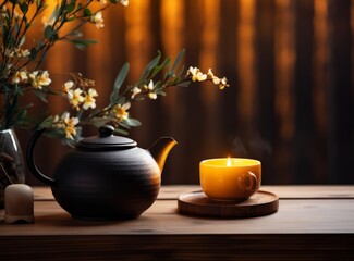 Fototapeta na wymiar A teapot and other tea items on a wooden table