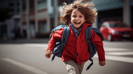 Young Schoolboy Running with Backpack on Sunny Sidewalk (AI Generated)