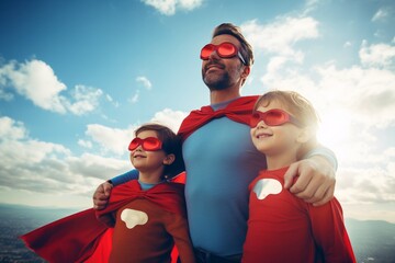 Dad with sons and daughter in superhero costume