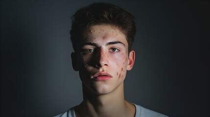 Portrait of a young man with acne on his face, studio light, hormones