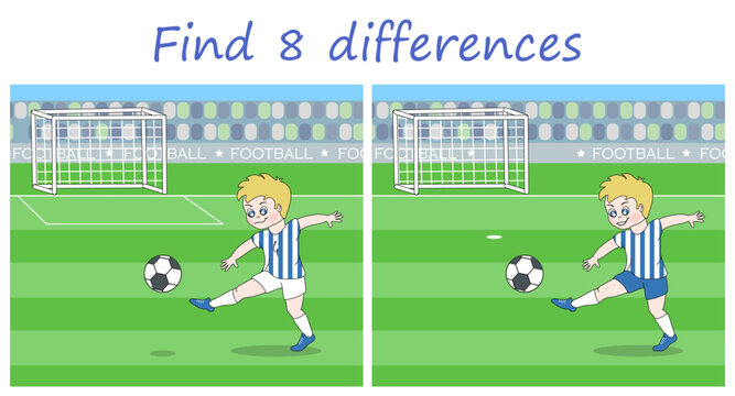 Logic puzzle game. Find 8 differences in sports pictures with a football player kicks the ball on the green football field. Vector illustration for children's development.