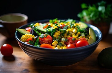 A bowl of salad with ripened tomatoes, corn and greens