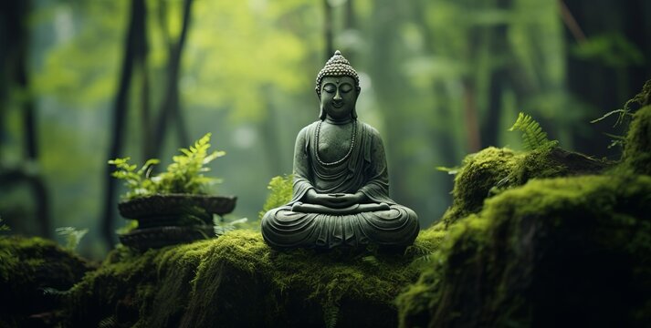 Little Buddha statue in blurred green bamboo zen jungle, friendly