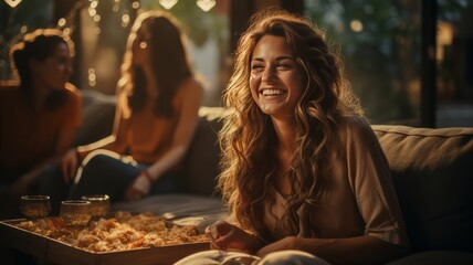 brunette latina woman, enjoying the company of her friends smiling, happy, with sunlight behind her mexico latin america - obrazy, fototapety, plakaty