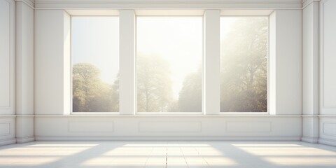 Fototapeta na wymiar Large beautiful windows in white room. Generative AI