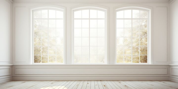 Large beautiful windows in white room. Generative AI