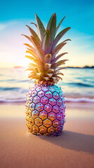 Colorful Painted Iridescent Pineapple on a Sandy Beach with Ocean View (AI Generated), vertical screen background, 9:16