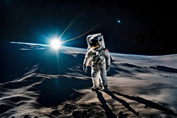 astronaut in space, A captivating spacewalk scene on the Moon's surface with an astronaut gazing at planet Earth from space