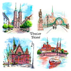 Set of Watercolor sketches of Wroclaw, Poland.