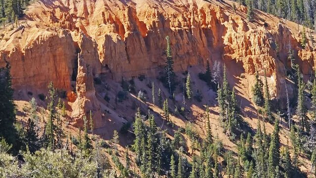 Tilt-Eroded red rock sandstone hoodoos line rim of Paunsaugunt Plateau in the Dixie National Forest of south central Utah.