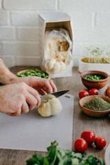 Microgreens and hericium erinaceus mushrooms cultivated at kitchen at home © lithiumphoto