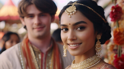 Naklejka premium wedding and tradition, attractive arab young woman or fictional with caucasian white young adult man in bridal wear, gold jewelry and ceremony, fictional location, asian multi ethnic or arab asian