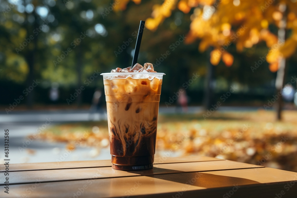 Wall mural pumpkin cream cold brew latte on table in the park autumn fall starbucks