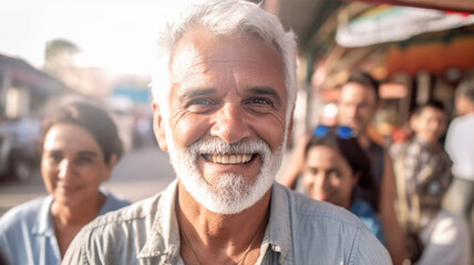 Obraz premium everyday life, new sunny morning, sunshine and a good day, elderly man with gray beard and gray hair, outside in local back street with family or friends, fictional location