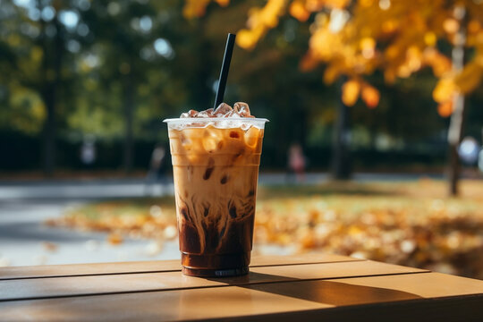 pumpkin cream cold brew latte on table in the park autumn fall starbucks