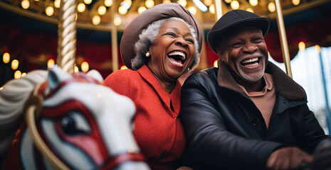 mature black couple enjoy life, carousel on the background of lights