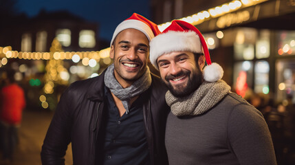 gay couple in santa claus hats on the christmas street	
