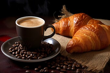 cup of coffee beans and croissants