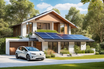 Modernes energiesparendes Einfamilienhaus mit Solaranlage auf dem Hausdach und Elektroauto in der Einfahrt.