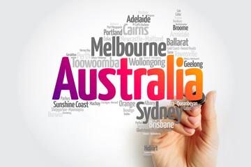 List of cities and towns in Australia, map word cloud, business and travel concept background