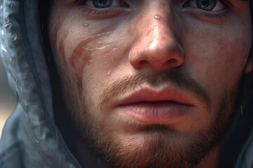 Obraz premium Close-up of a man's face in a hood with a beard. Male beauty and handsome man concept. Generative Ai, Ai.
