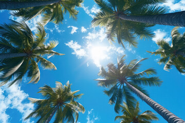 The view from below captures a blue sky and palm trees, presented in a vintage style, evoking a tropical beach and summer atmosphere. It represents the concept of travel. Generative Ai, Ai.