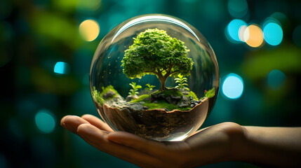 Human hand holding glass ball with tree inside. 
