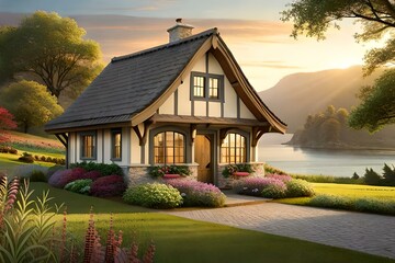 a cottage situated in a serene countryside, embodying the idyllic charm and cozy atmosphere of this architectural style - AI Generative