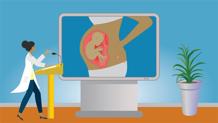 Woman in lecture about pregnancy. Standing in front of big screen with woman uterus with child in profile. Dimension 16:9. Vector illustration. - obrazy, fototapety, plakaty