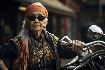 Fototapeta na wymiar Japanese granny on a motorcycle