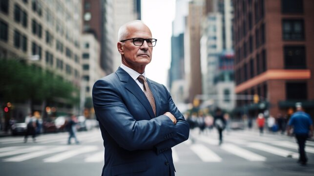 Senior Executive Presence: An Older Businessman in a Suit and Tie Standing with Authority, generative AI