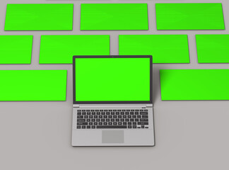 3D visualization of a laptop with pop-up green screens that can be easily changed. 