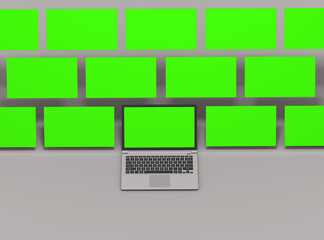 3D visualization of a laptop with pop-up green screens that can be easily changed. 