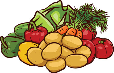 Illustration of fresh vegetables in a pile. Isolated on white background. Illustration on the theme of the harvest