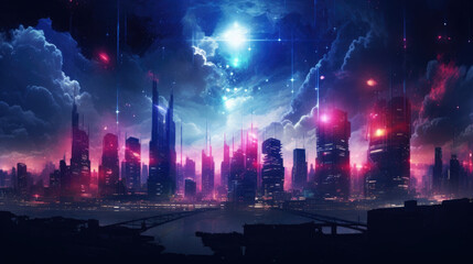 Fototapeta na wymiar A sprawling skyline of shining skysers lit up by neon adver in the night. cyberpunk ar