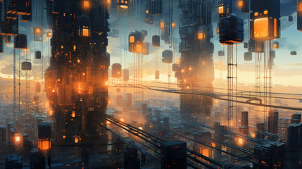 A dystopian cityscape with neonilluminated futuristic skysers and autonomous flying robots. cyberpunk ar