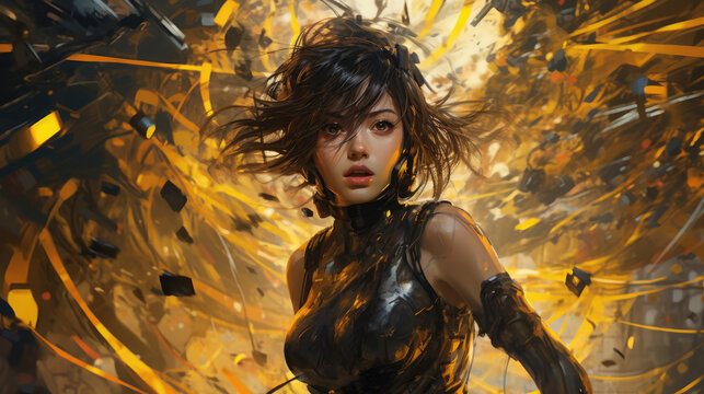 A woman in a fashionable cyberpunk outfit surrounded by a swarm of robotic drones racing through the futuristic landscape cyberpunk ar