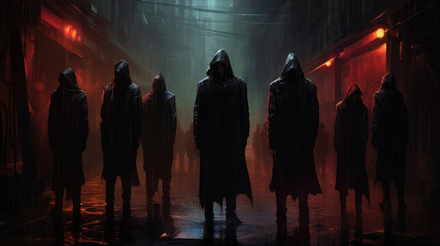A group of shadowy figures lit by the glow of the rain and flickering monitors meeting in a hidden underground cyberpunk cyberpunk ar