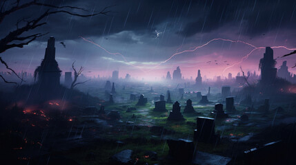 A dilapidated graveyard where gravestones are tered across a desolate landscape all embedded with hazy holograms of the cyberpunk ar