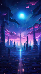 Image of a towering cityscape in the night sky with a single lab hidden a the buildings completely illuminated in an cyberpunk ar