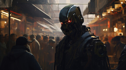 A hulking robotic guard standing sentinel over a bustling black market marketplace its visor scanning the people coming cyberpunk ar - obrazy, fototapety, plakaty