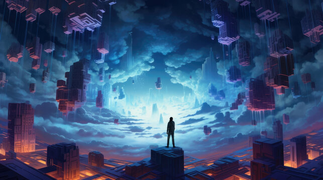 An image depicting a room filled with neonlit voxels featuring a human figure connected to a virtual reality device surrounded cyberpunk ar
